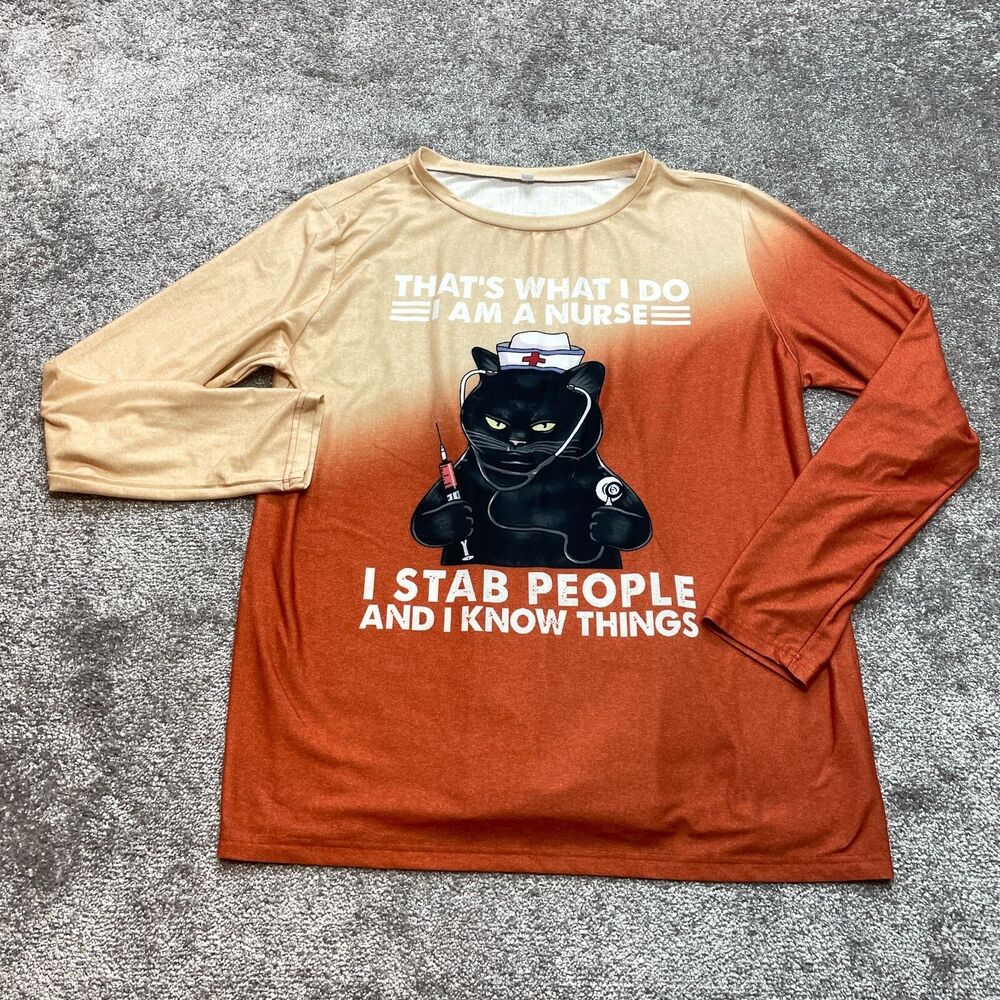 Unbranded Shirt Adult XL Orange Blend Funny Cat Nurse Graphic Tee Long Sleeve